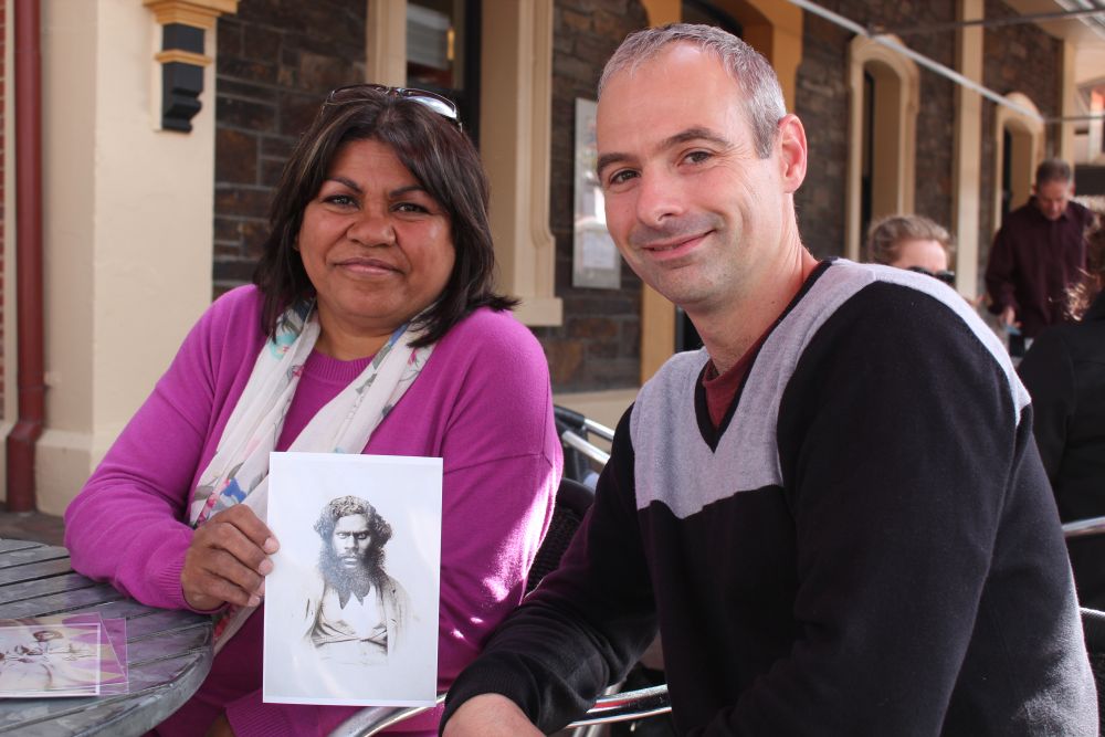 Image: Lynnette Wanganeen with Dr Chris Morton and copy of an 1867 photograph of her ancestor. Image courtesy: Pauline Cockrill and History SA.